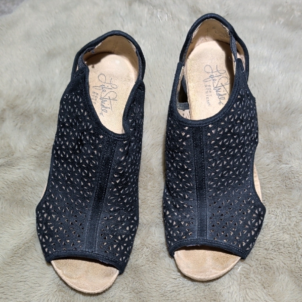 Life Stride Black Laser-Cut Cork Wedge Sandals - Picture 6 of 8